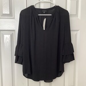 NWT Ann Taylor V Neck Black Women's Blouse Top Lightweight Ruffle Sleeve M